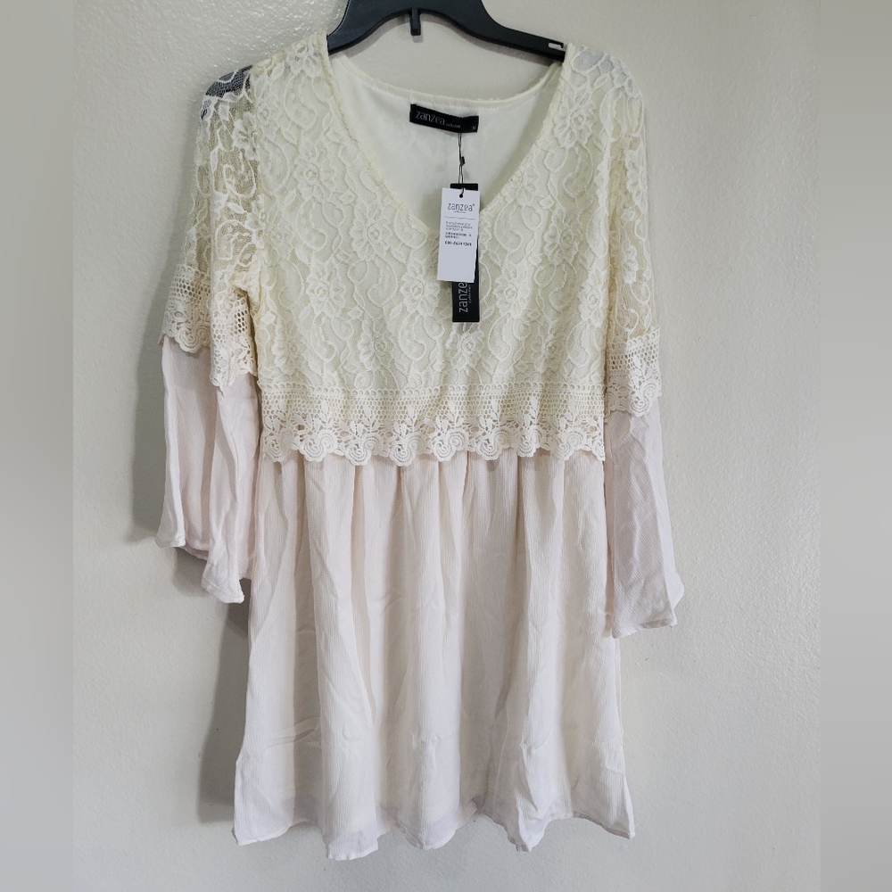 Ivory Lace Dress Zanzea Collection Bell Sleeve Size M